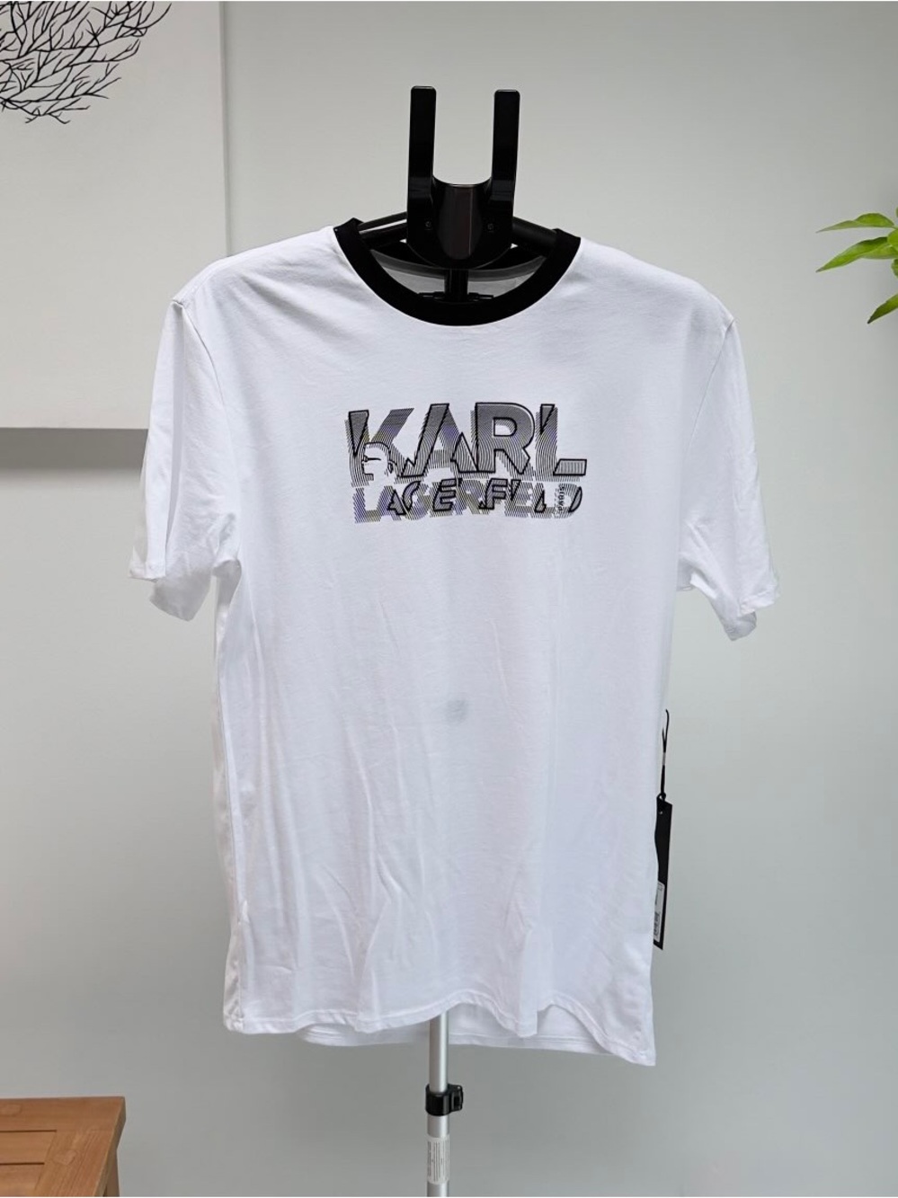 Karl Lagerfeld White Tee with Black Neck Trim and Reflective Logo